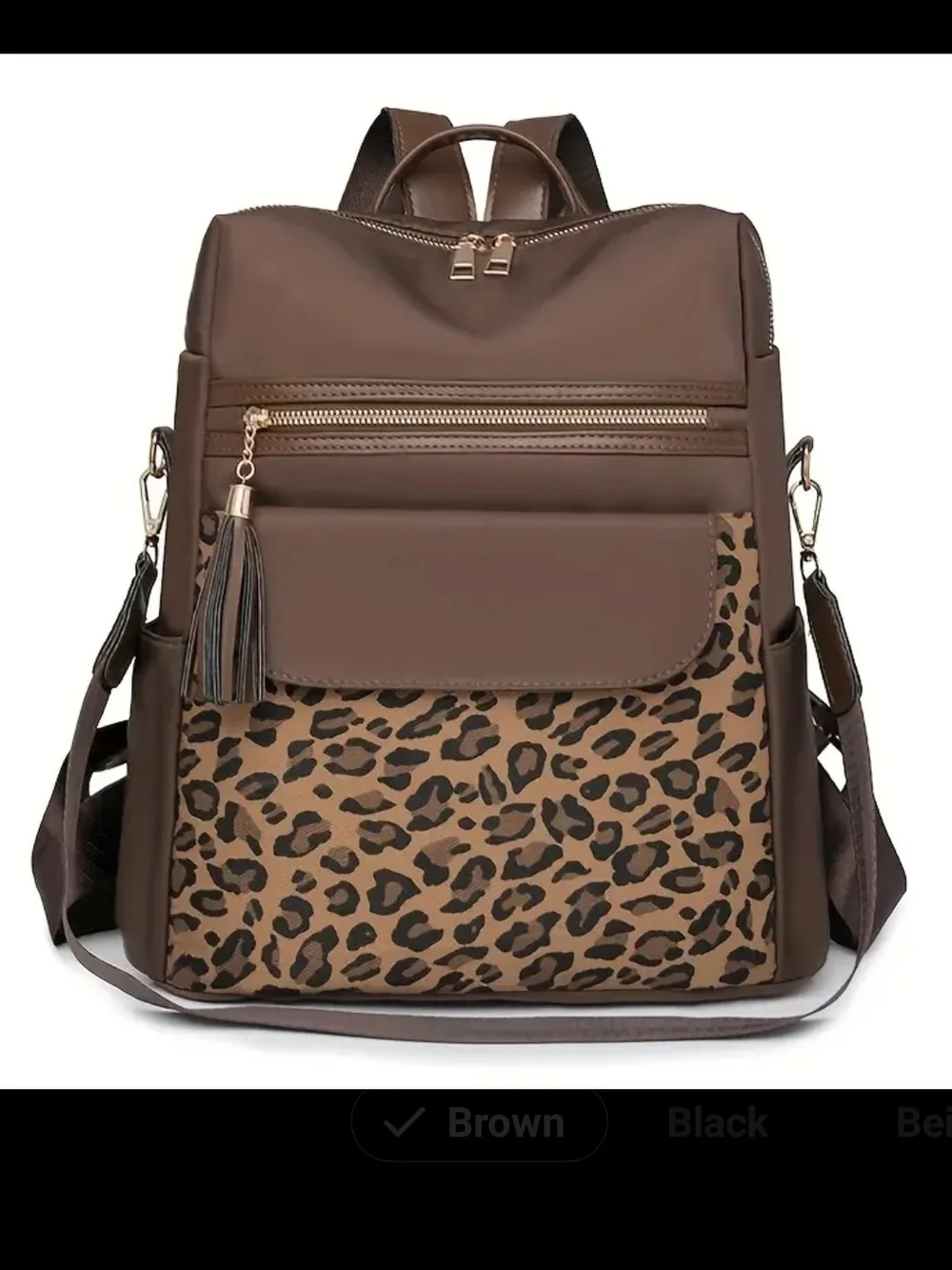 Brown Leopard-Accent Women's Backpack Tote